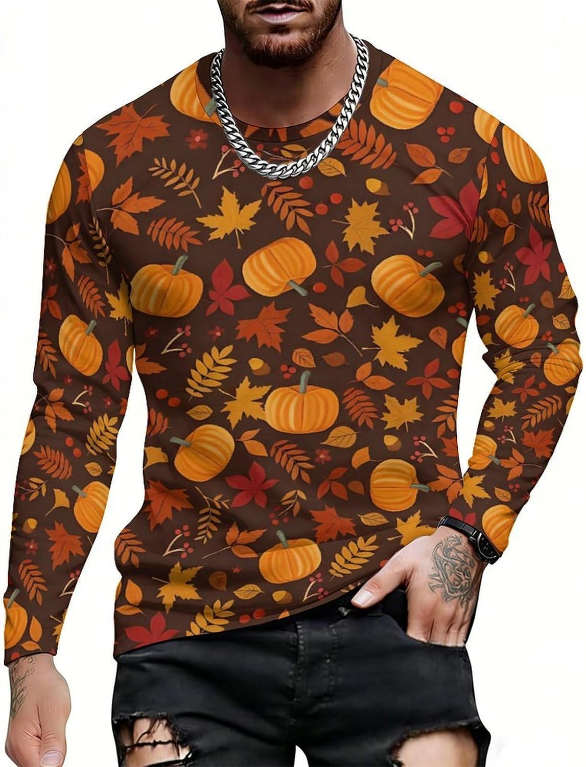 CASOWAT Long Sleeve Shirts for Men, Lightweight All-Over Print Casual Tee, Breathable Crewneck Long Sleeve Top - Style-7