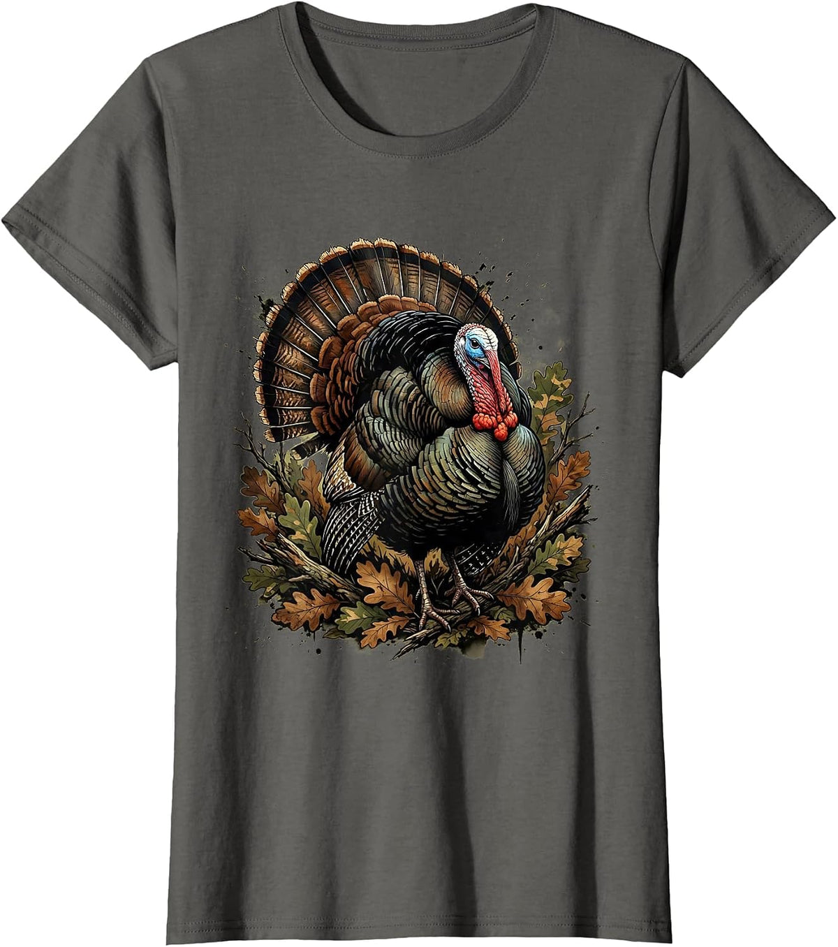 Women's Turkey Strutting Camo Fall Foliage Hunting Design T-Shirt - Asphalt Grey