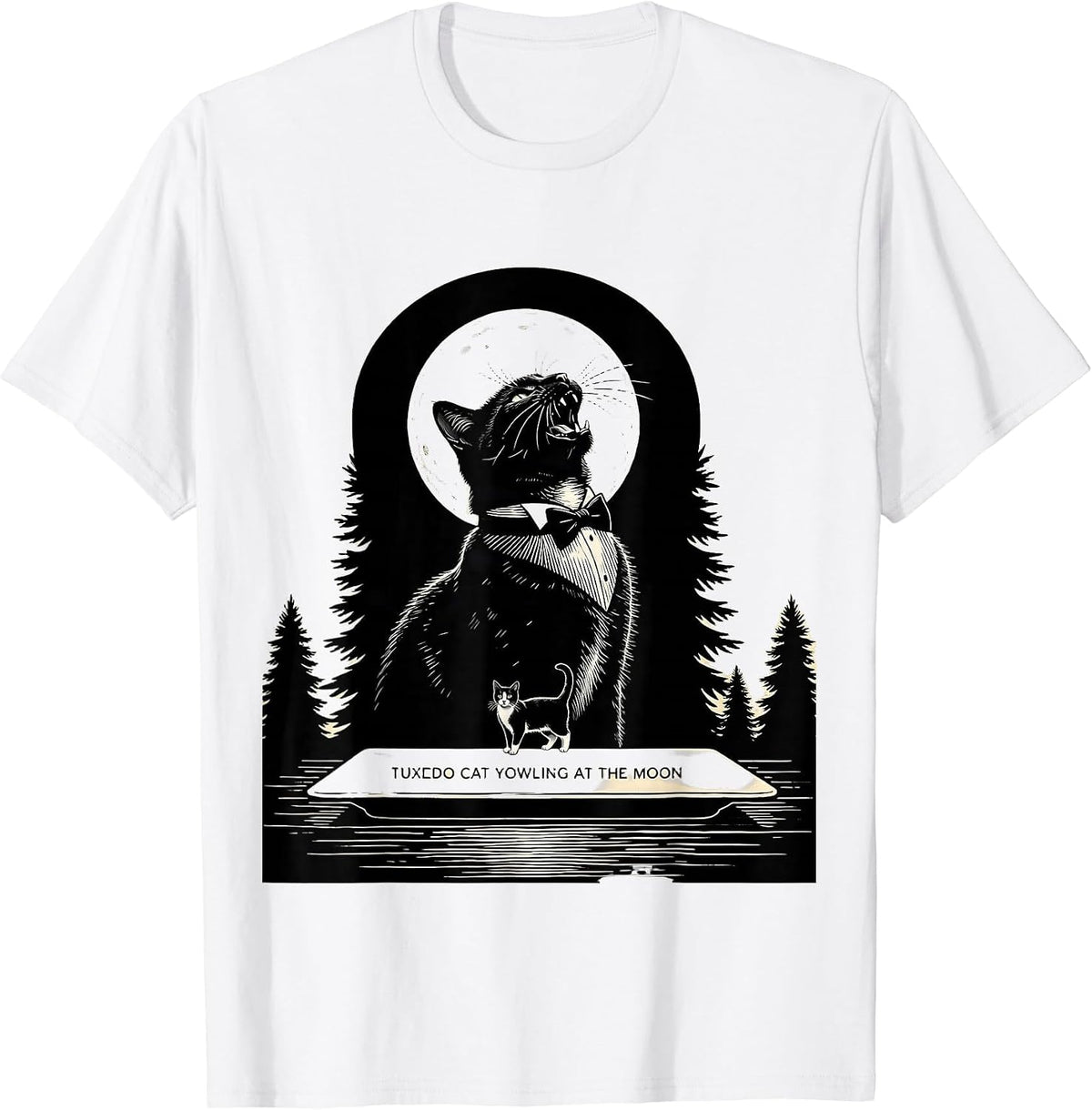 Men's Tuxedo Cat Yowling at the Moon 90's Retro Nature Art T-Shirt - White