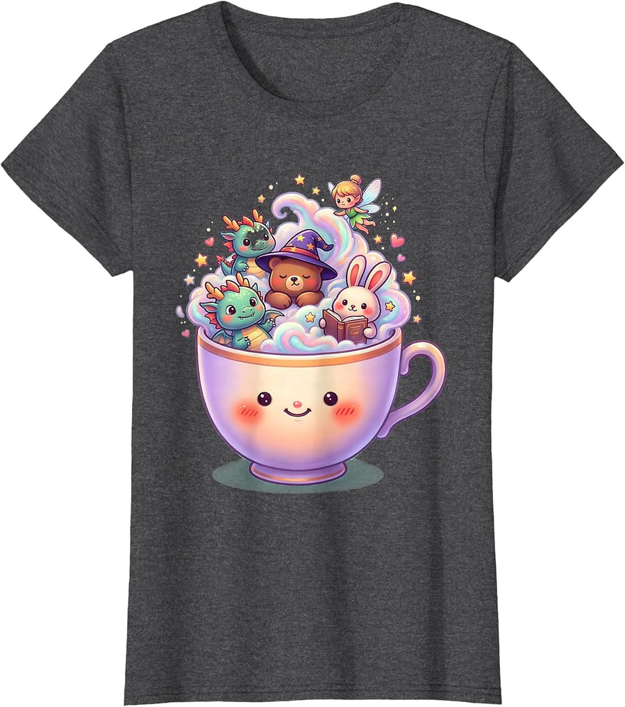 Women's Book Character Teacher Teacup Storybook Art T-Shirt - Dark Heather Grey