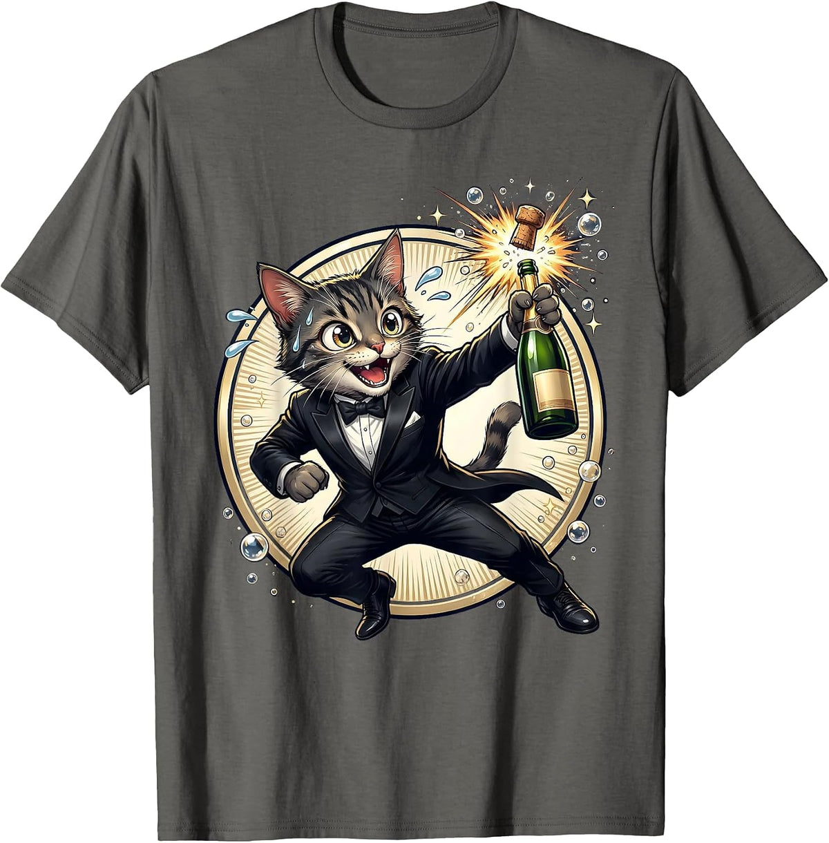 Fancy Cat Champagne Celebration Tuxedo Design T-Shirt - Asphalt Grey