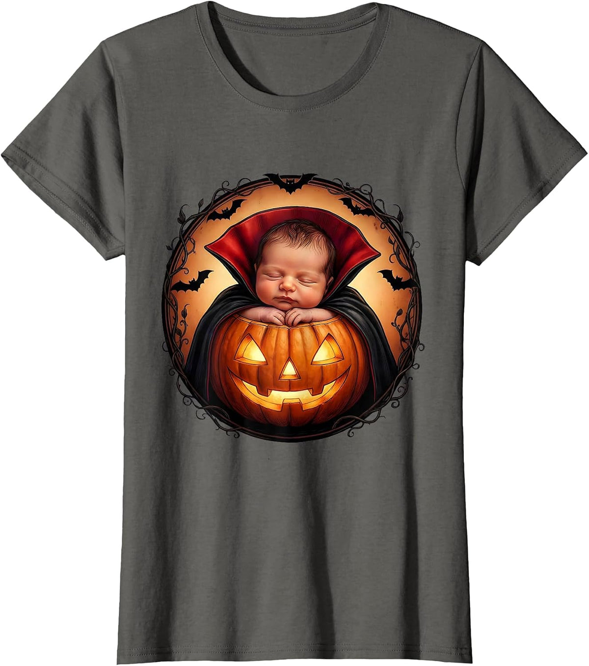 Women's NICU Halloween Tiny Baby Vampire Pumpkin Design T-Shirt - Asphalt Grey