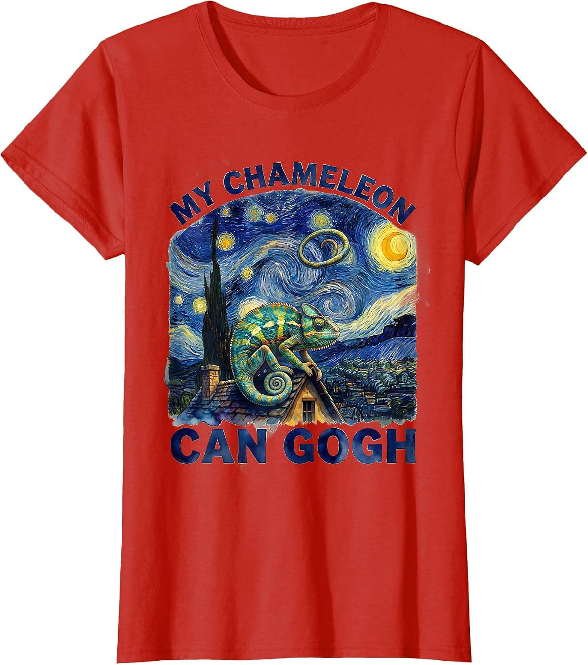 Women's My Chameleon Can Gogh Whimsical Art Parody Cat Lover Gift T-Shirt - Red