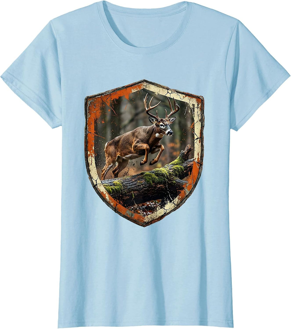 Buck Leaping Over Fallen Log Hunting Design T-Shirt - Baby Blue