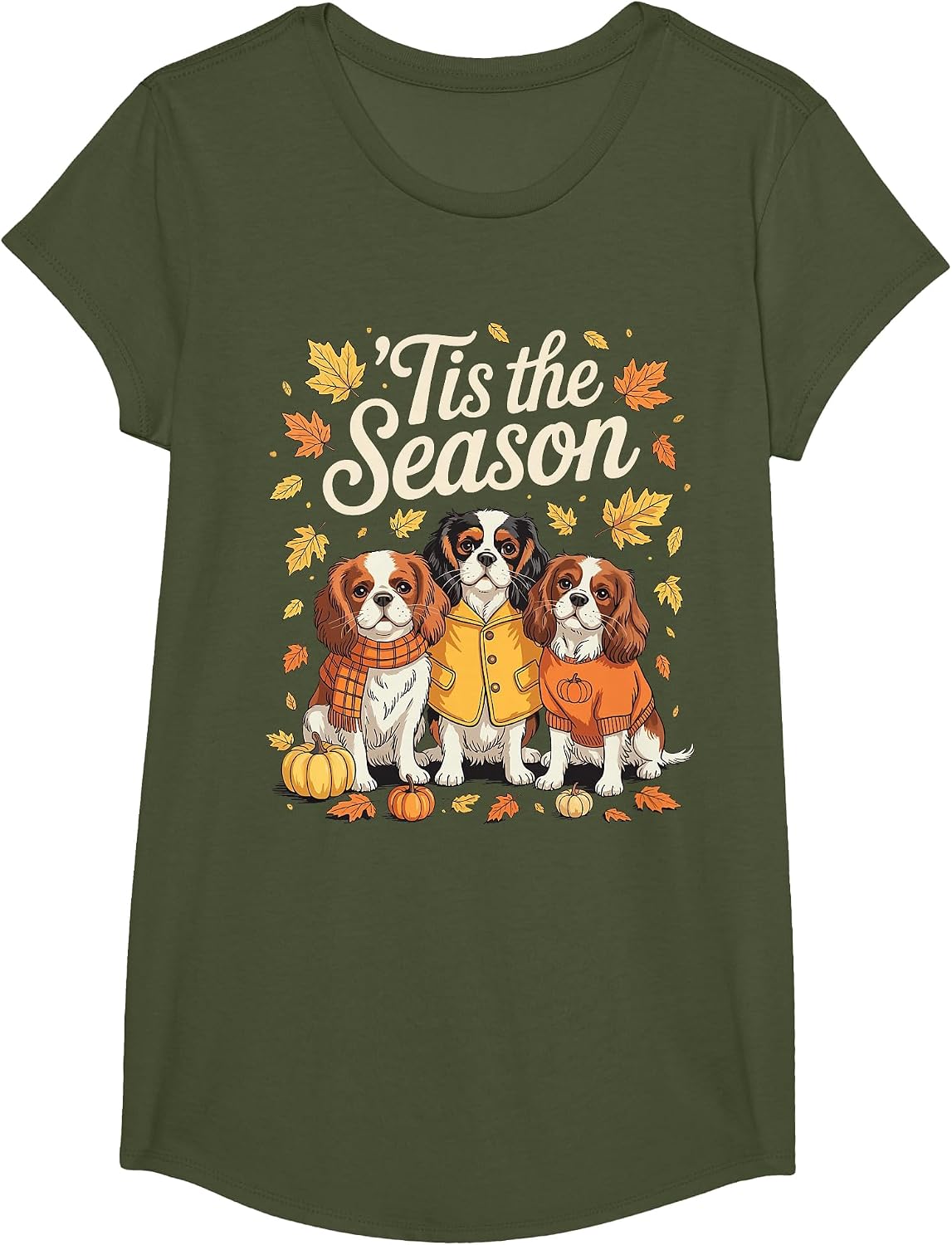 Tis The Season Cavalier King Charles Spaniel Autumn Pumpkin T-Shirt - Girls Olive Green