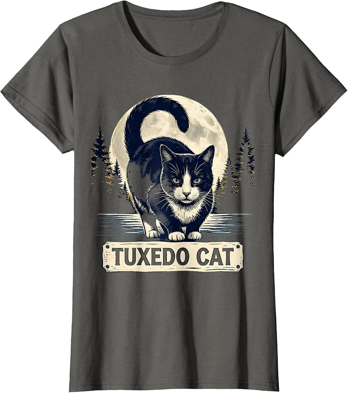 Women's Tuxedo Cat Linocut 90s Retro Moonlit Portrait T-Shirt - Asphalt Grey