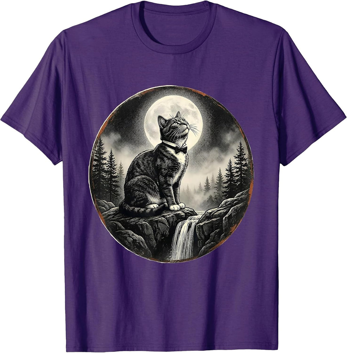 Men's Tuxedo Cat Howling at Moon Vintage Retro T-Shirt - Purple