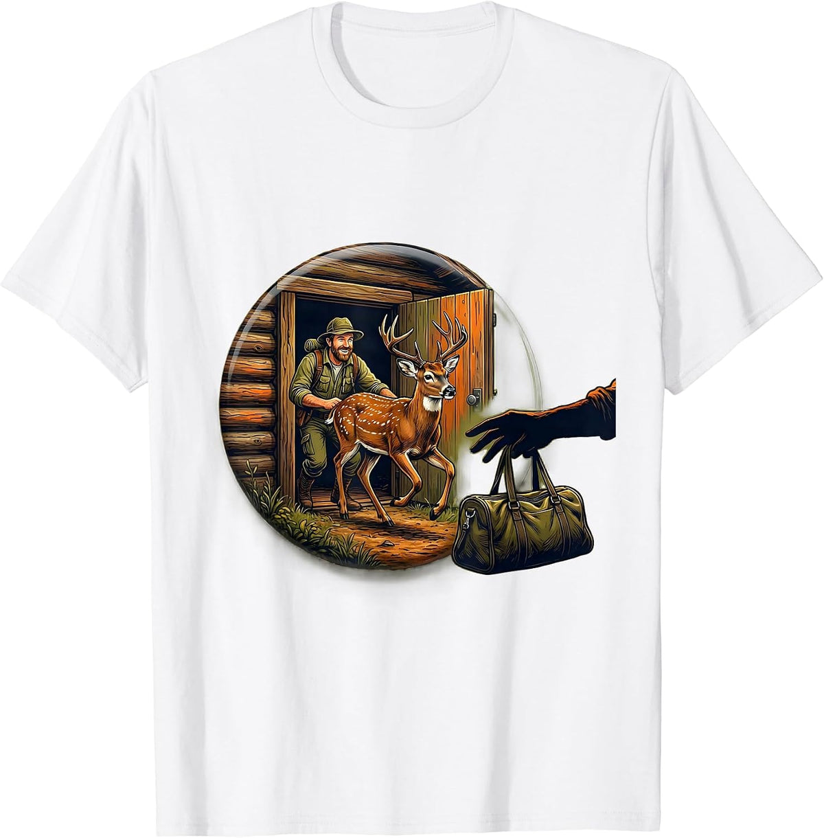 Men's Sealed Hunter Dad Whitetail Buck Cabin Illustration T-Shirt - White