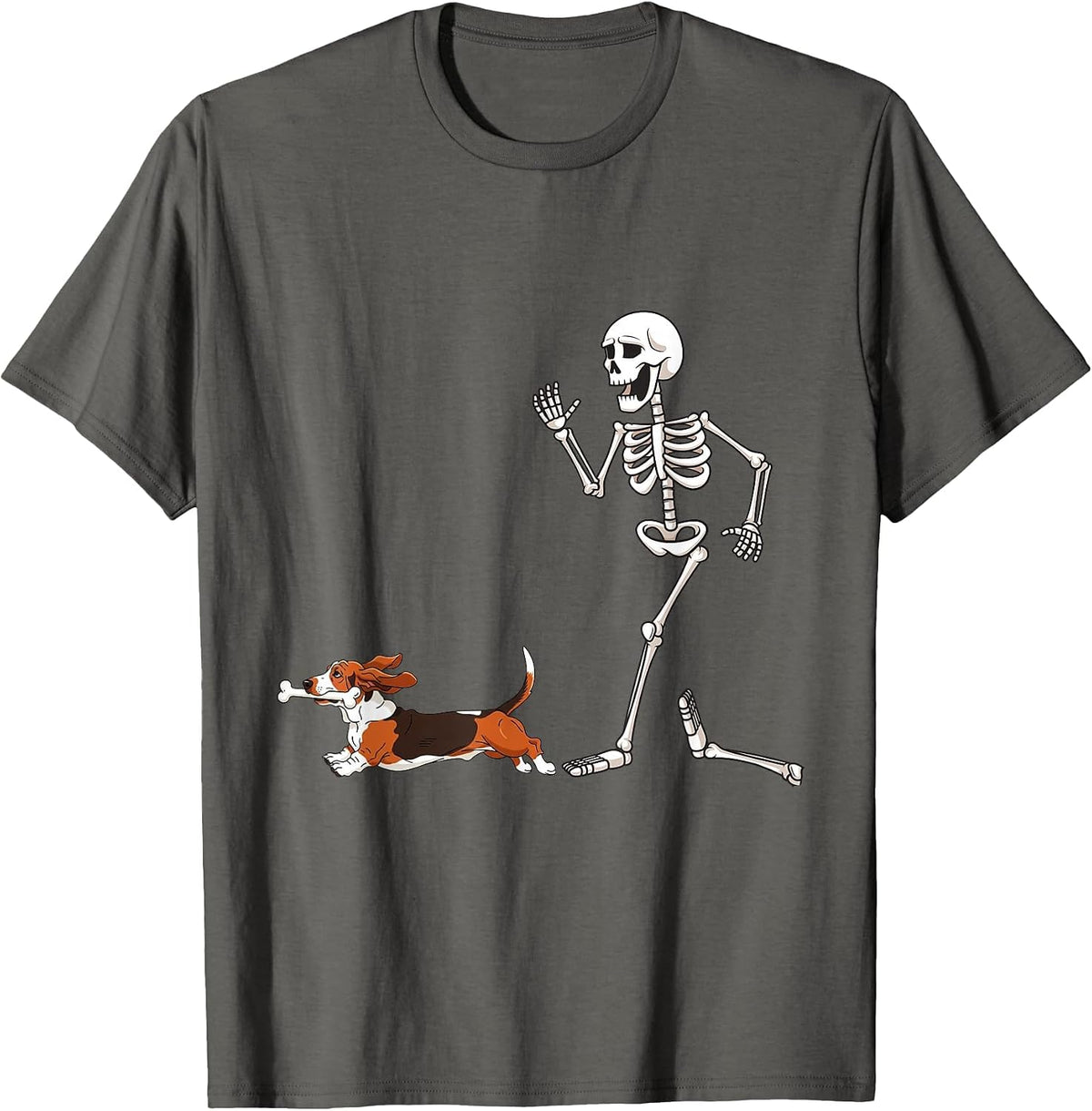 Funny Halloween Basset Hound and Skeleton T-Shirt - Asphalt Grey