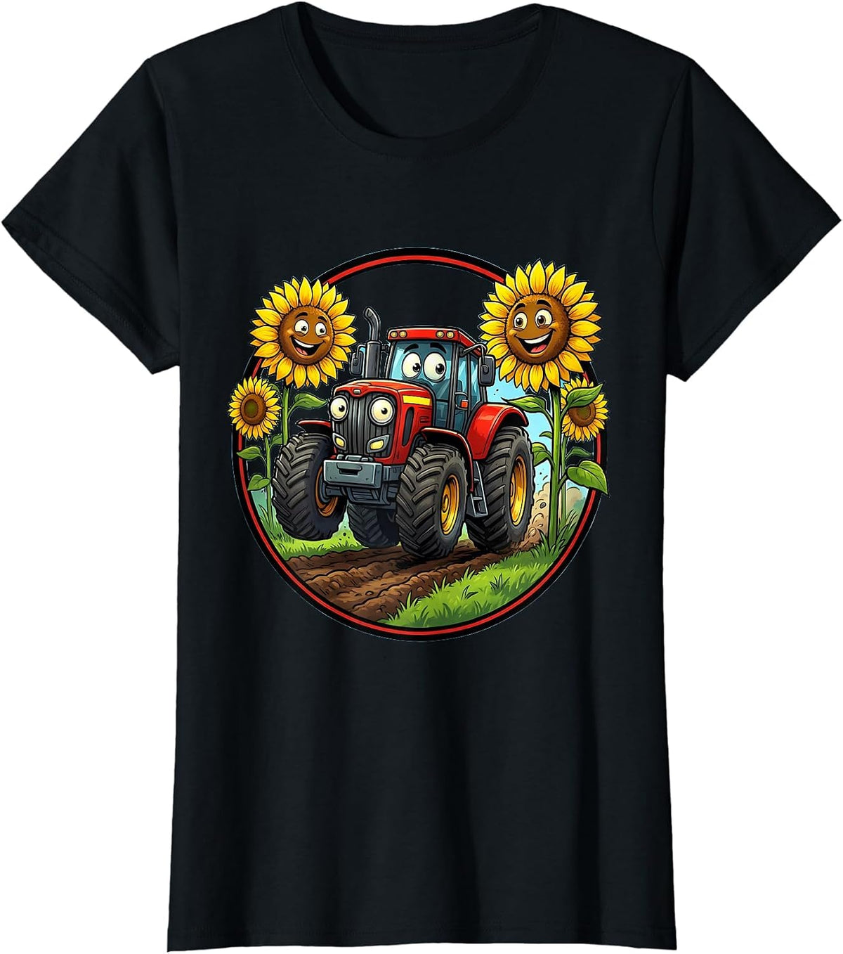 Pre K Tractor Sunflower Field Illustration T-Shirt - Black