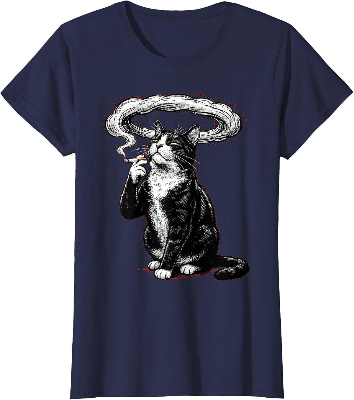 Women's Tuxedo Cat Smoking Dramatic Smoke Ring Art T-Shirt - Navy Blue