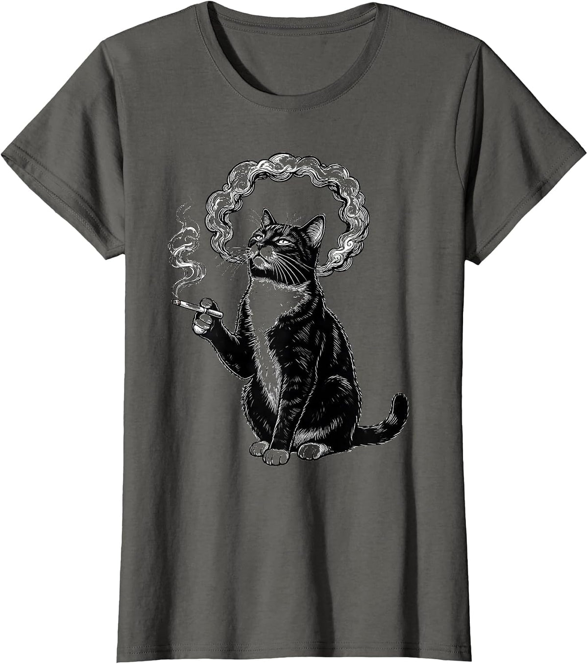 Women's Tuxedo Cat Smoking a Ring of Smoke T-Shirt - Asphalt Grey