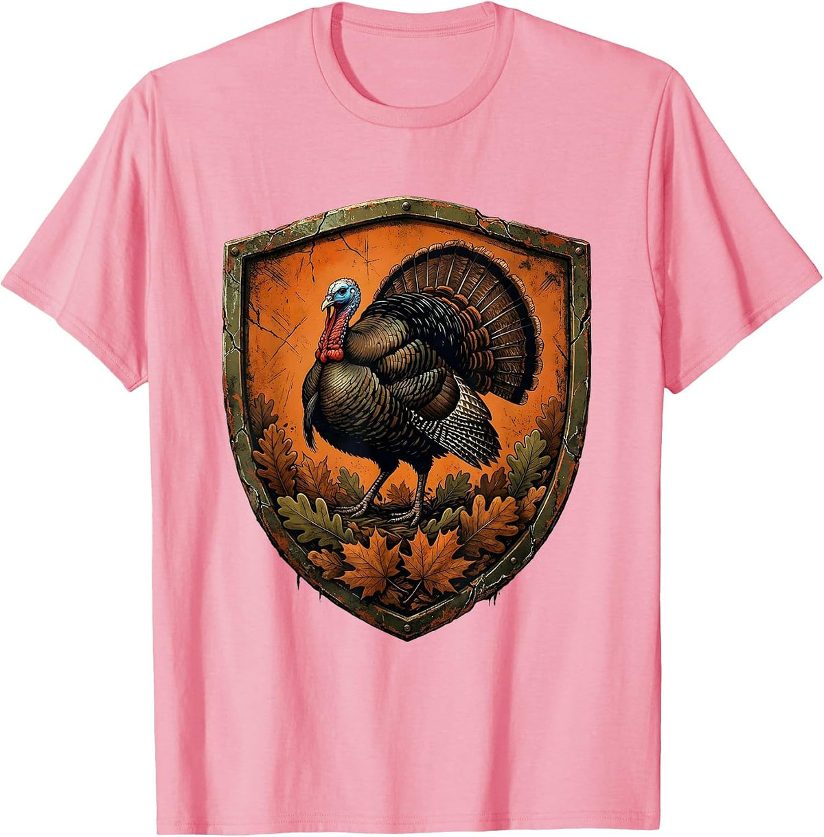 Men's Camo Turkey Striding Through Autumn Leaves T-Shirt - Pink