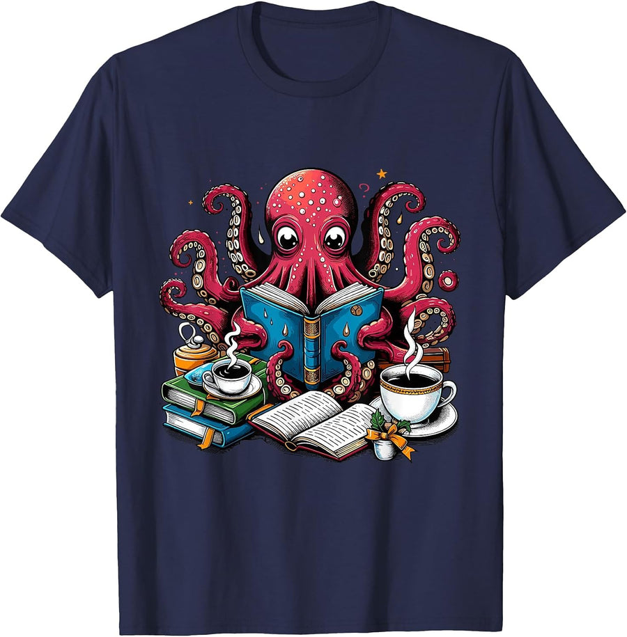 Octopus Reading Book Coffee Lover Bookaholic Bookworm Reader T-Shirt - Navy Blue