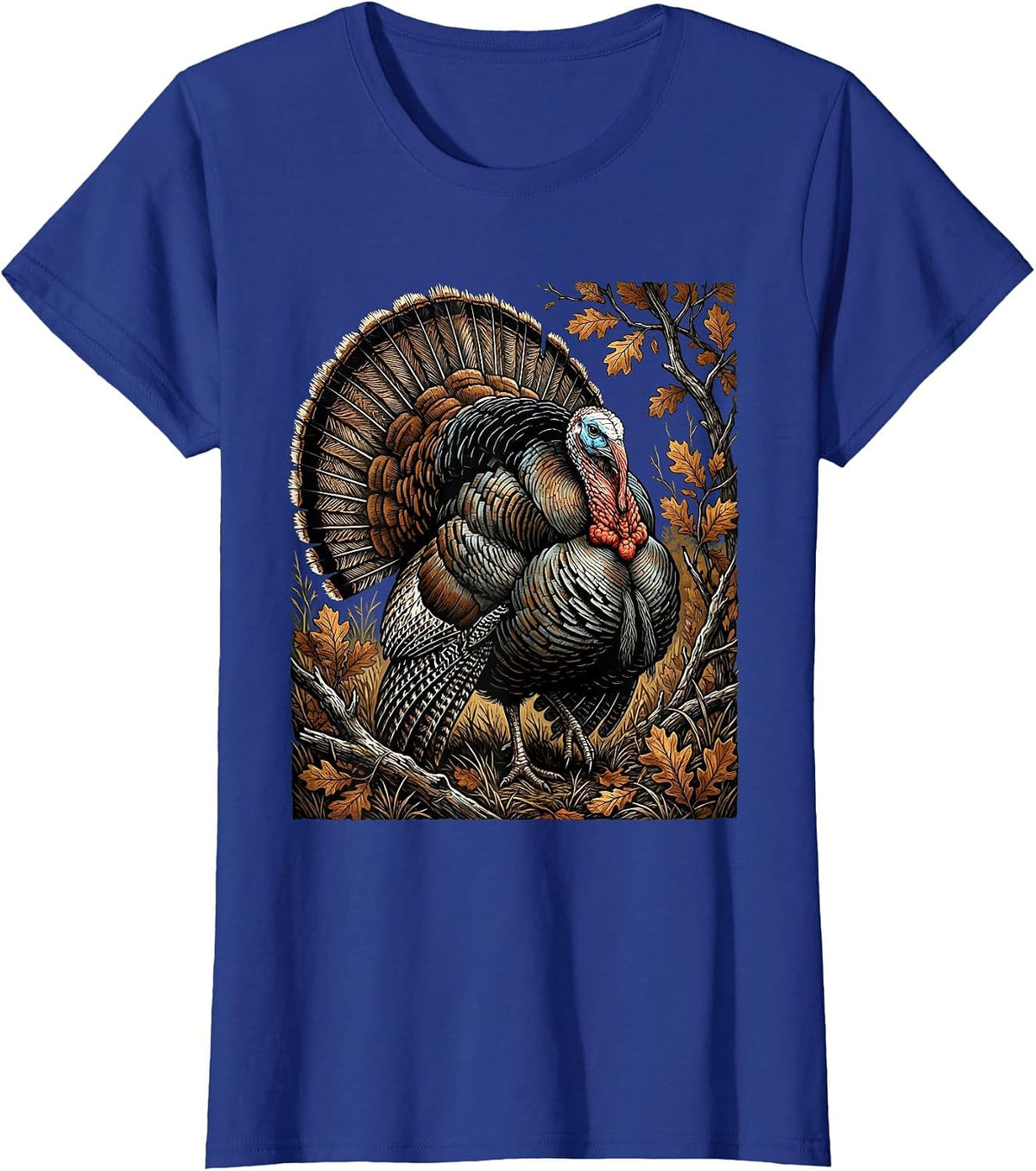 Women's Turkey Strutting Autumn Camo Illustration T-Shirt - Royal Blue