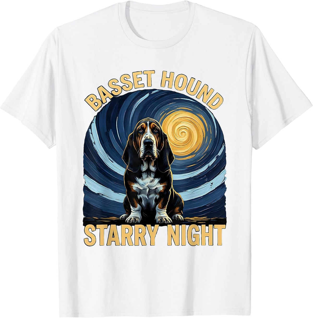 Men's Basset Hound Starry Night Whimsical Pet Lover Van Gogh T-Shirt - White