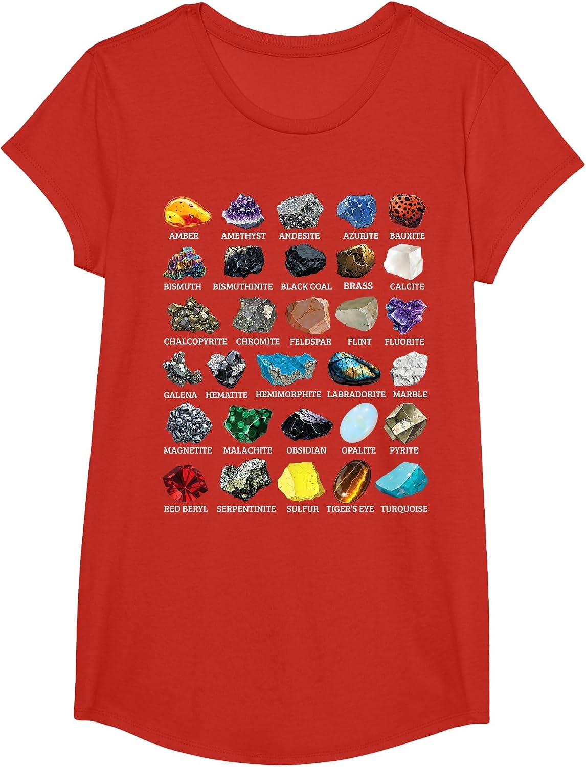 Types of Rocks & Minerals Gemology & Geology Educational T-Shirt - Girls Red