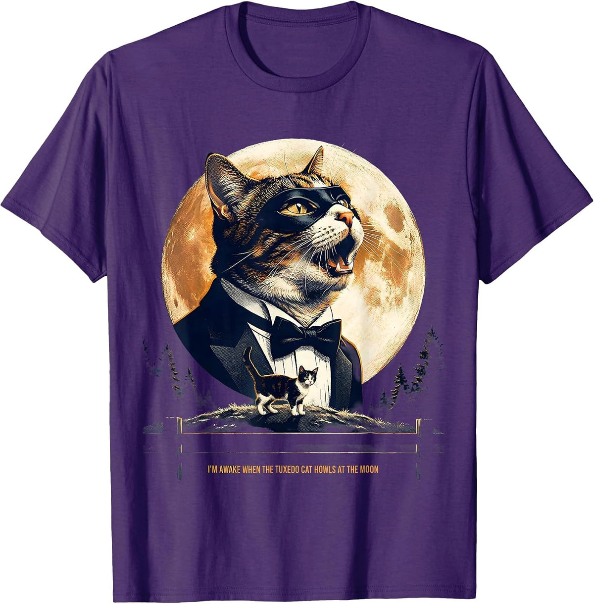 Men's I'm Awake When the Tuxedo Cat Howls at Moon Retro T-Shirt - Purple