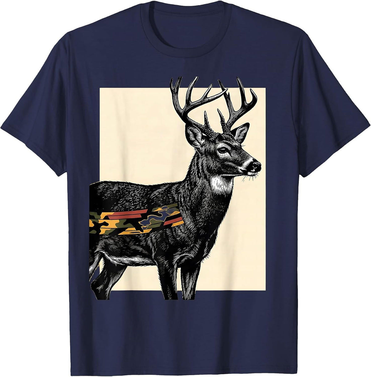 Alert Whitetail Buck Scratchboard Hunting Dad Gift T-Shirt - Navy Blue