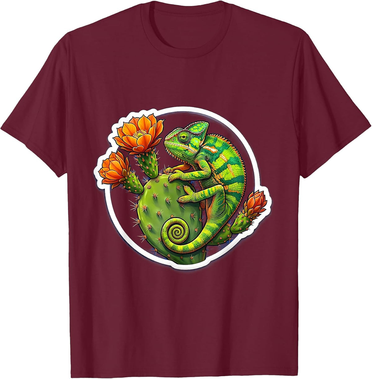 Men's Mexican Chameleon Blooming Cactus Illustration T-Shirt - Burgundy