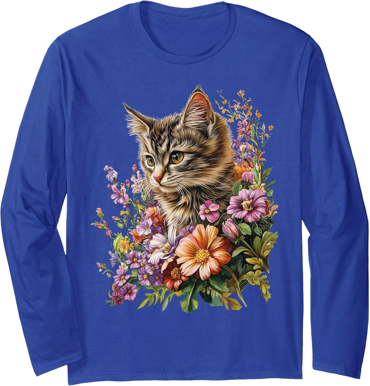 Cat Flower Floral Cute Kitten Graphic Long Sleeve T-Shirt - Adult Unisex Royal Blue