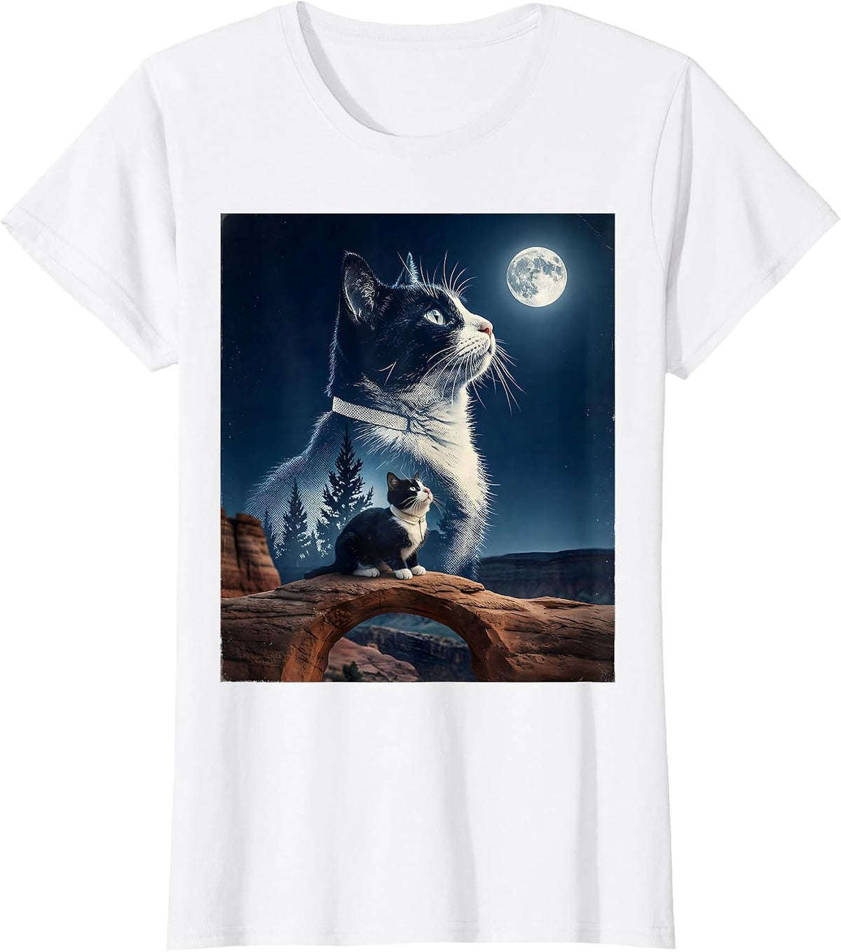 Tuxedo Cat Howling at Moon 90's Retro Vintage T-Shirt - White