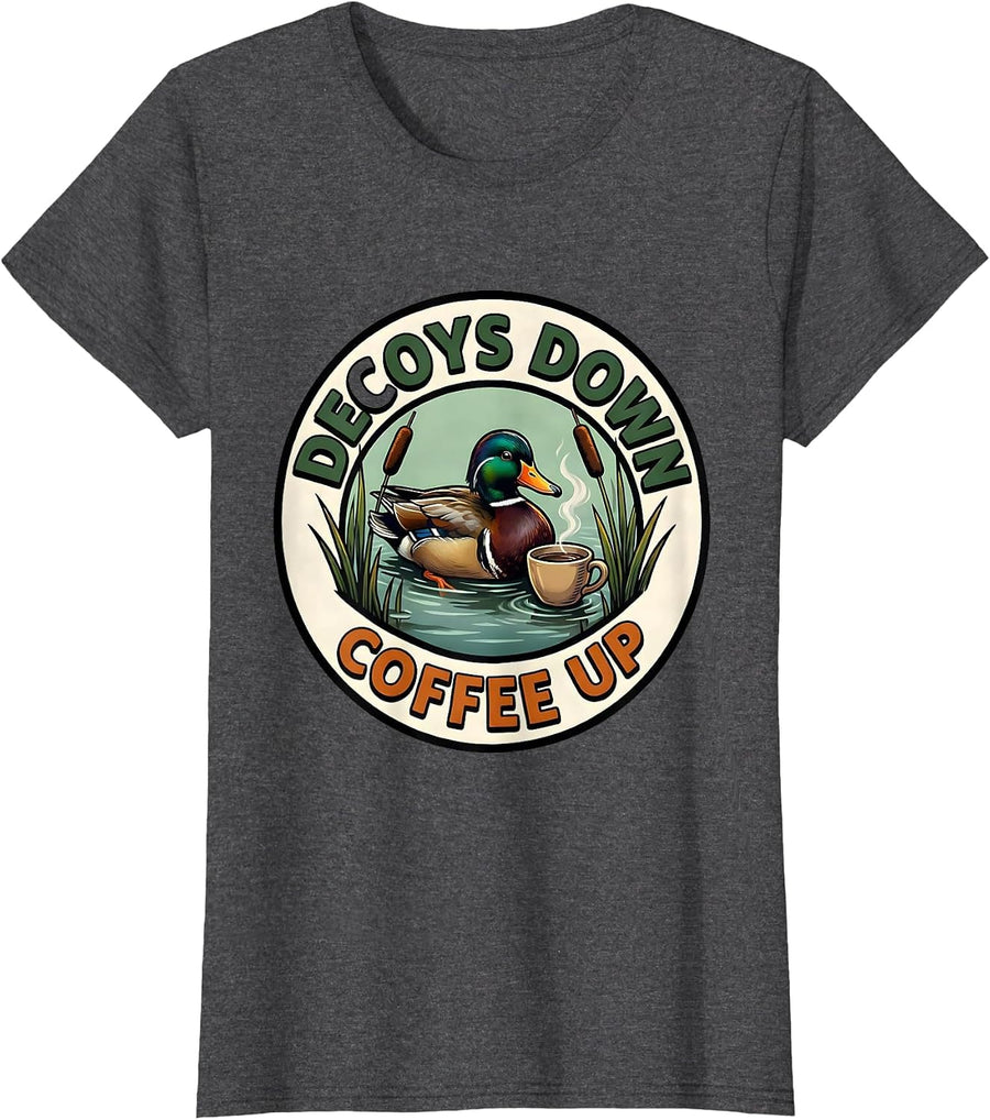 Women's Decoys Down, Coffee Up Cartoon Duck Hunter Humor Gift T-Shirt - Dark Heather Grey