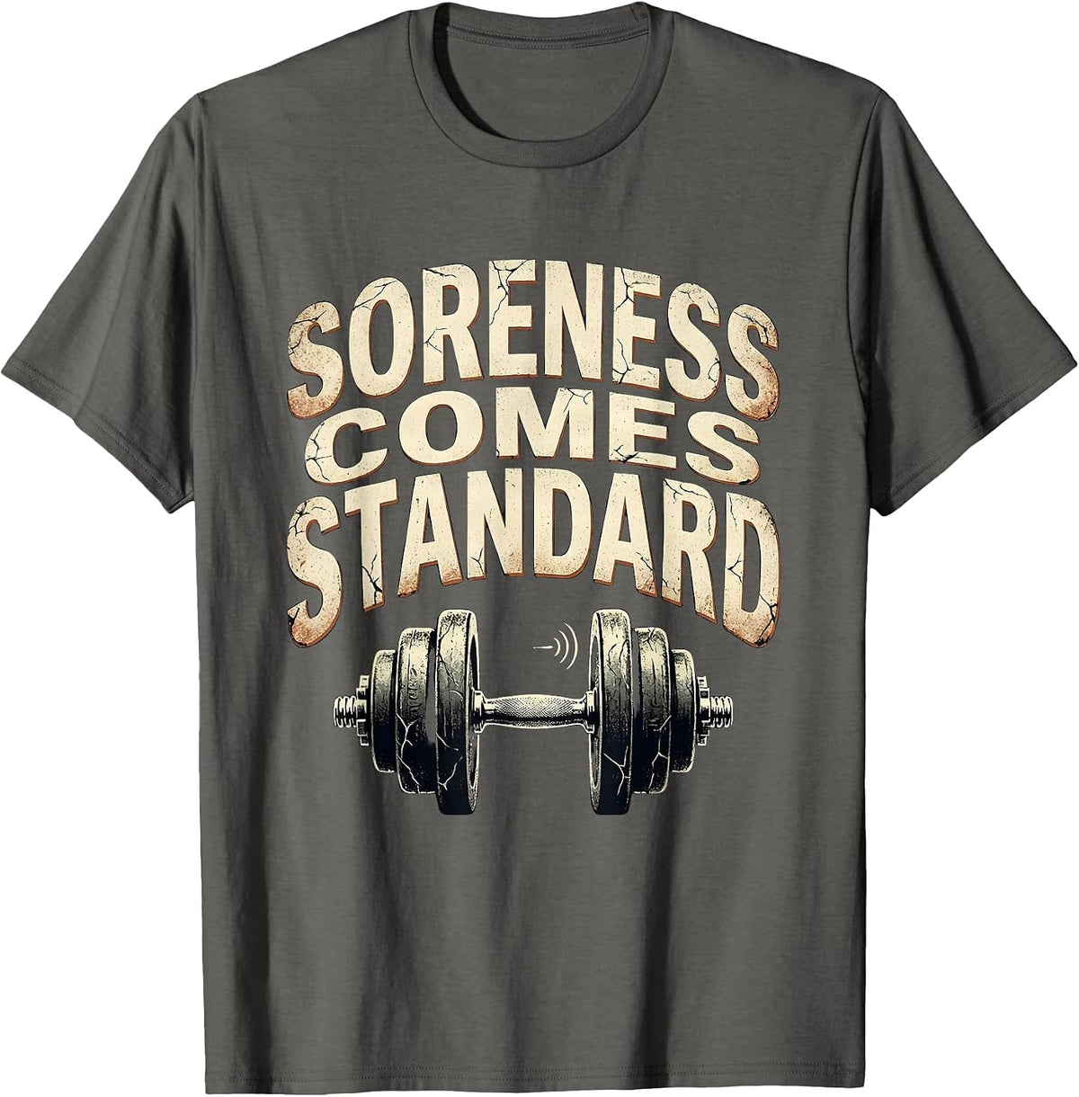 Soreness Comes Standard Distressed Gym Workout Meme Humor T-Shirt - Asphalt Grey