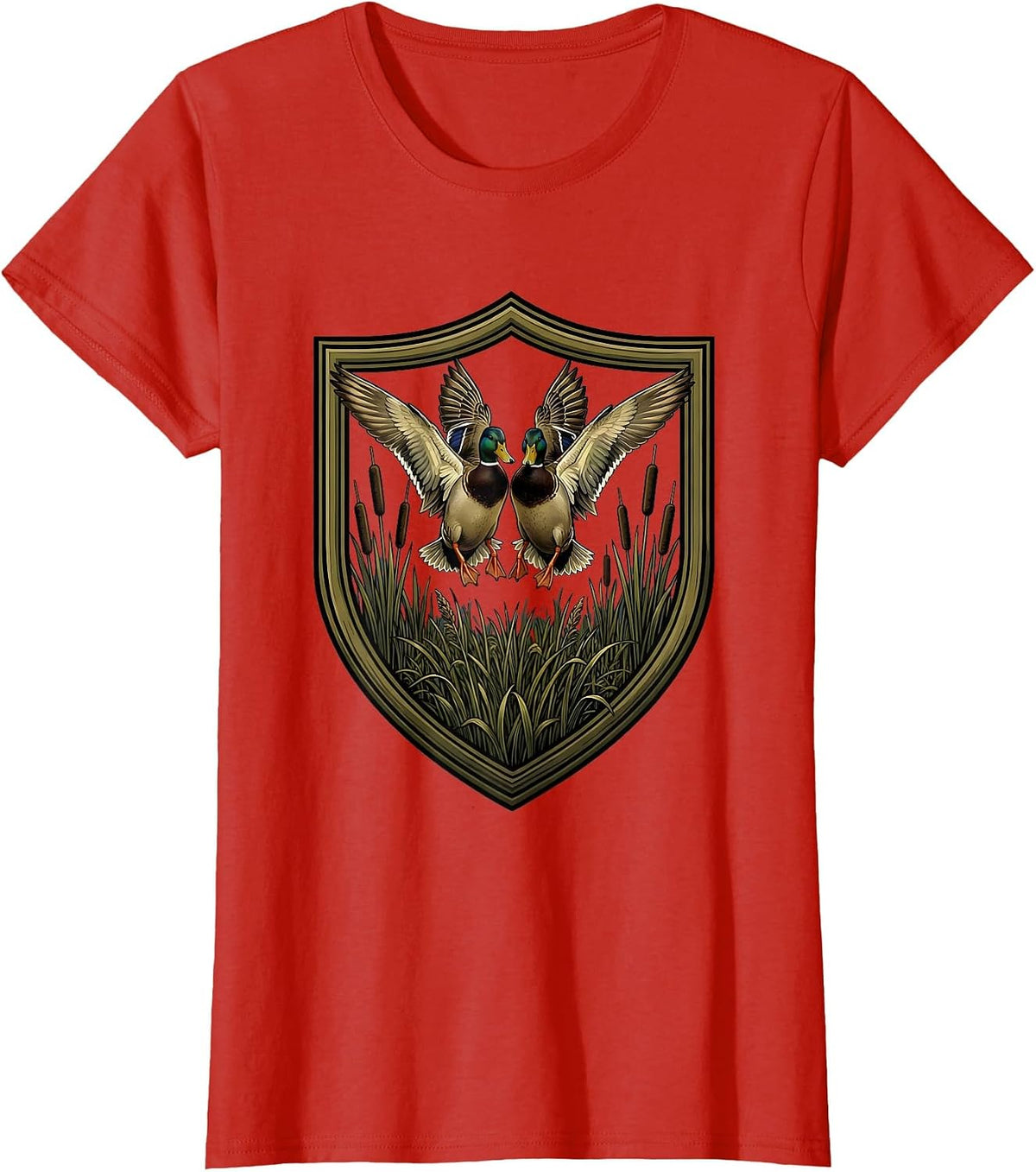 Duck Camo Hovering Ducks Foggy Marsh Illustration T-Shirt - Red