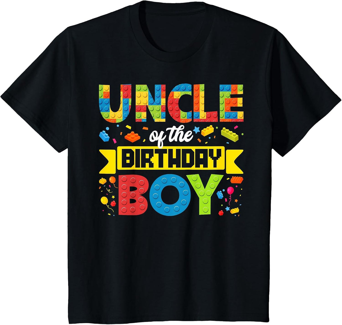 Uncle of The Birthday Boy Master Builder Kid Building Blocks T-Shirt - Black