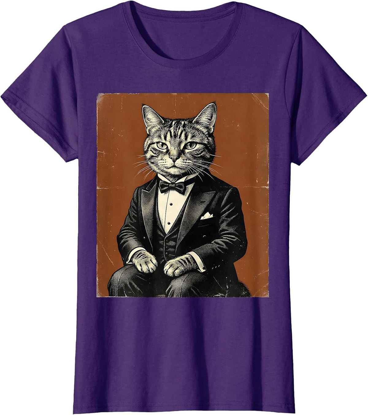 Women's Dapper Cat in Tuxedo Funny Formal Feline Design T-Shirt - Purple