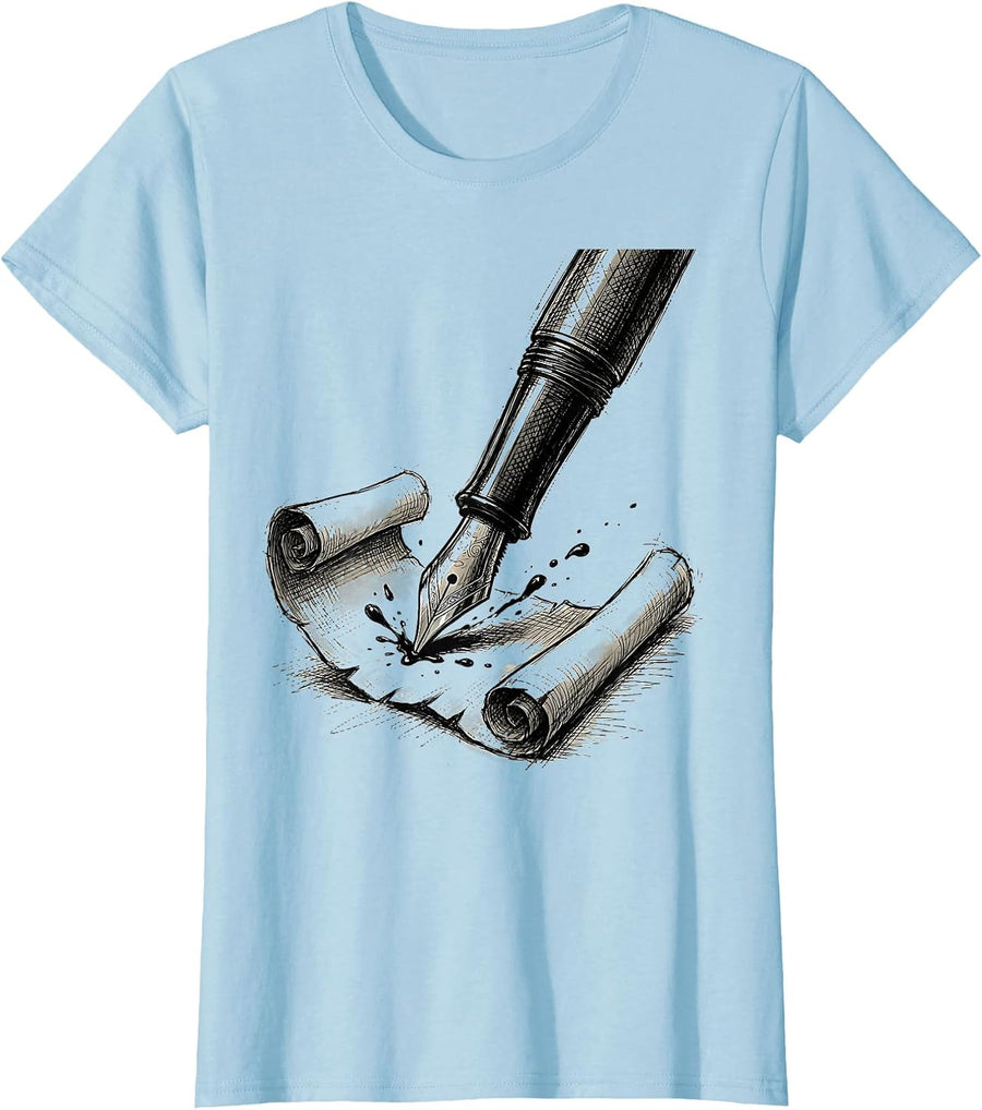 Women's English Teacher Fountain Pen Parchment Scroll Design T-Shirt - Baby Blue