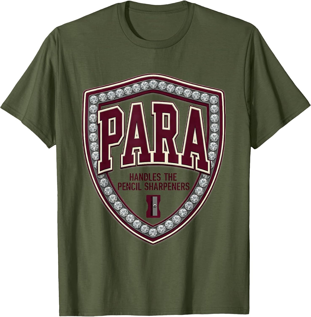 PARA Handles The Pencil Sharpeners Sparkle Varsity Back T-Shirt - Olive Green