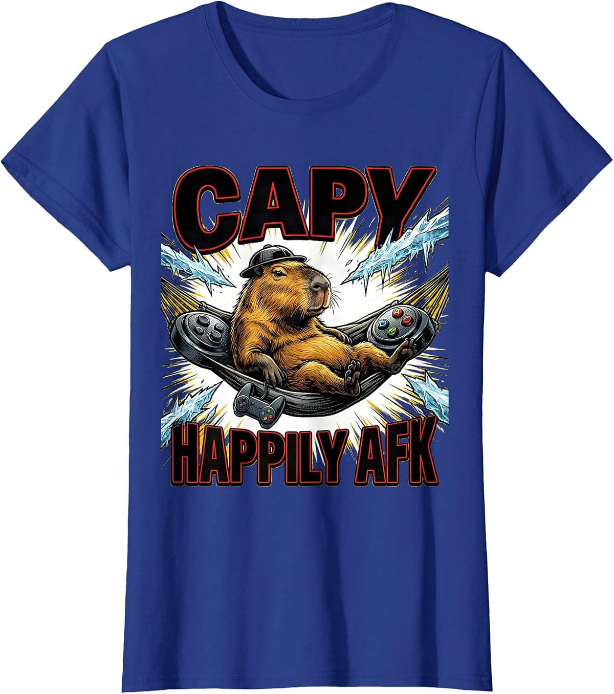 Women's Capy, Happily AFK Funny Capybara Gamer Gaming Humor T-Shirt - Royal Blue