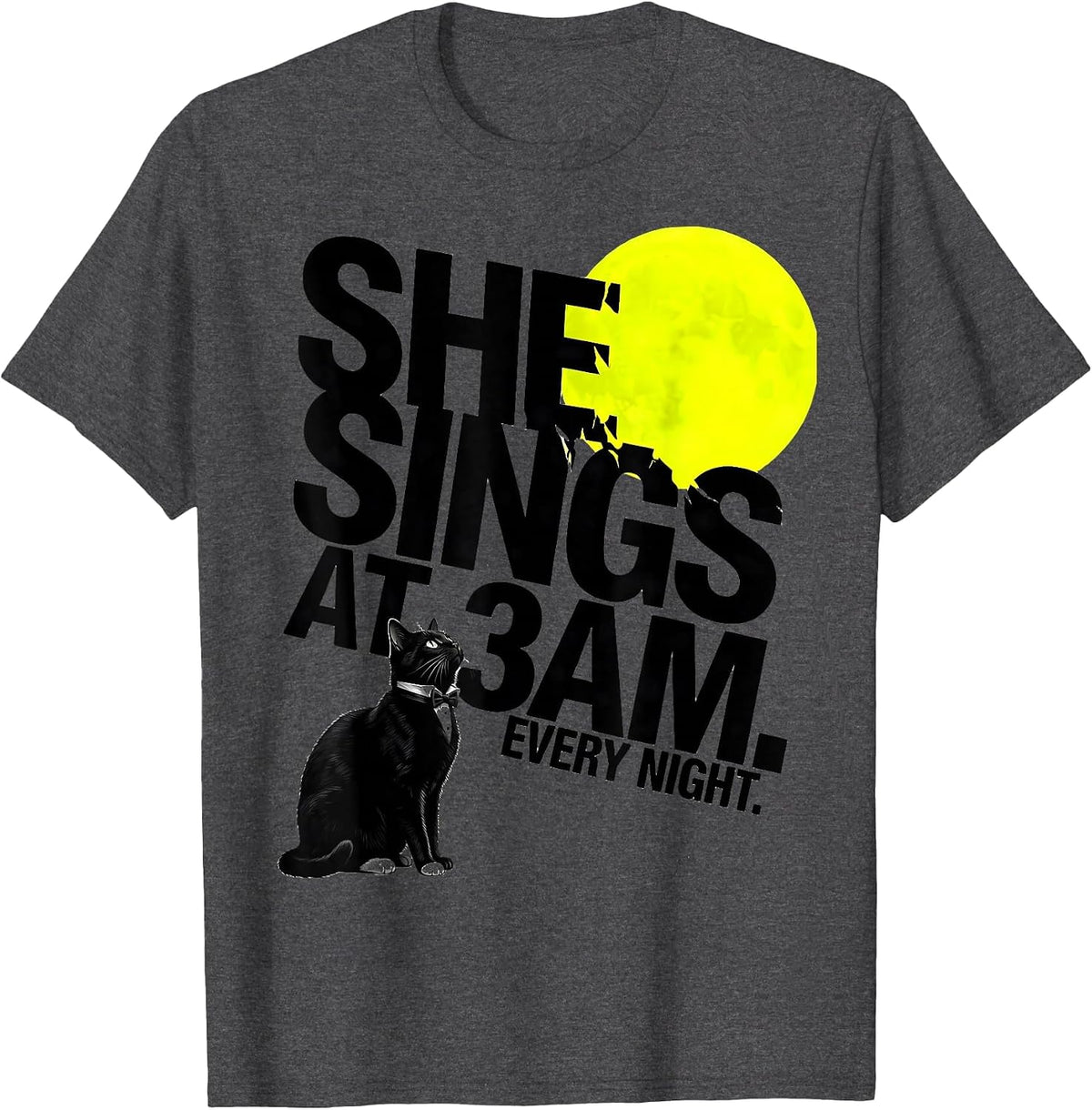 Men's She Sings At 3AM Every Night Tuxedo Cat Howling At Moon 90s T-Shirt - Dark Heather Grey