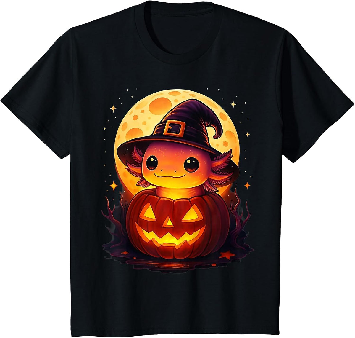 Cute Axolotl Witch Pumpkin Halloween Costume Boys Girls Kids T-Shirt - Black