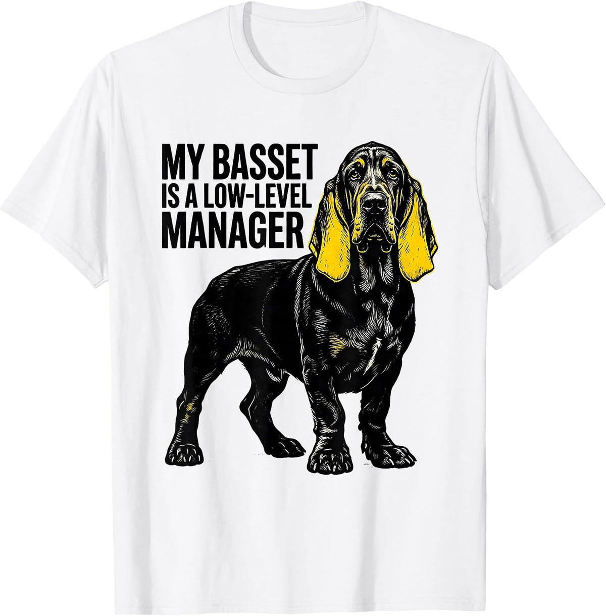 Men's My Basset Is A Low-Level Manager Funny Basset Hound Dog T-Shirt - White