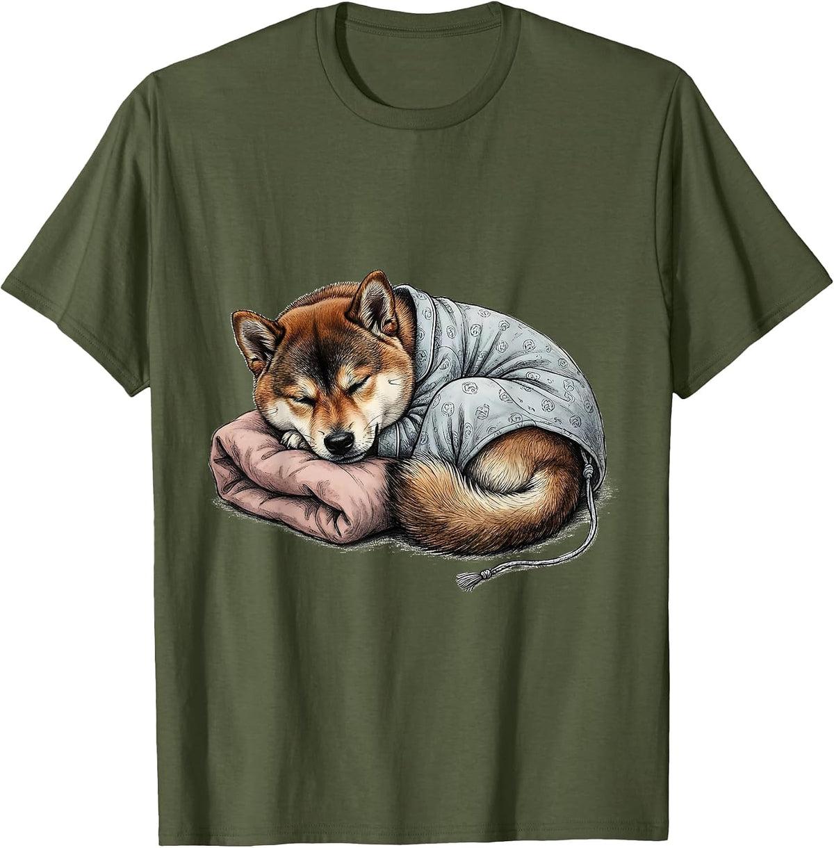 Men's Sleepy Shiba Inu Cute Pet Lover Cozy Gift T-Shirt - Olive Green