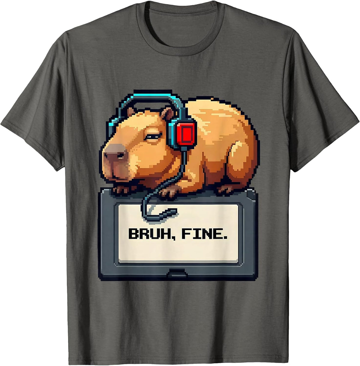 Bruh Fine Pixel Art Capybara Gamer Meme Humor T-Shirt - Asphalt Grey