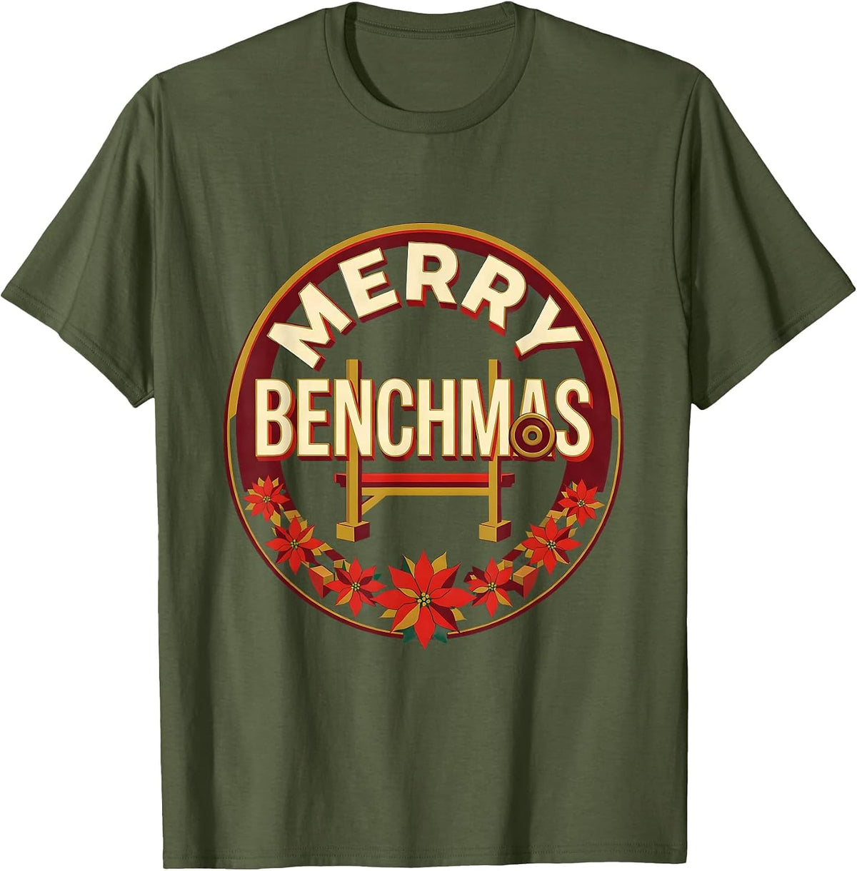 Merry Benchmas Funny Christmas Gym Workout Weightlifting T-Shirt - Olive Green