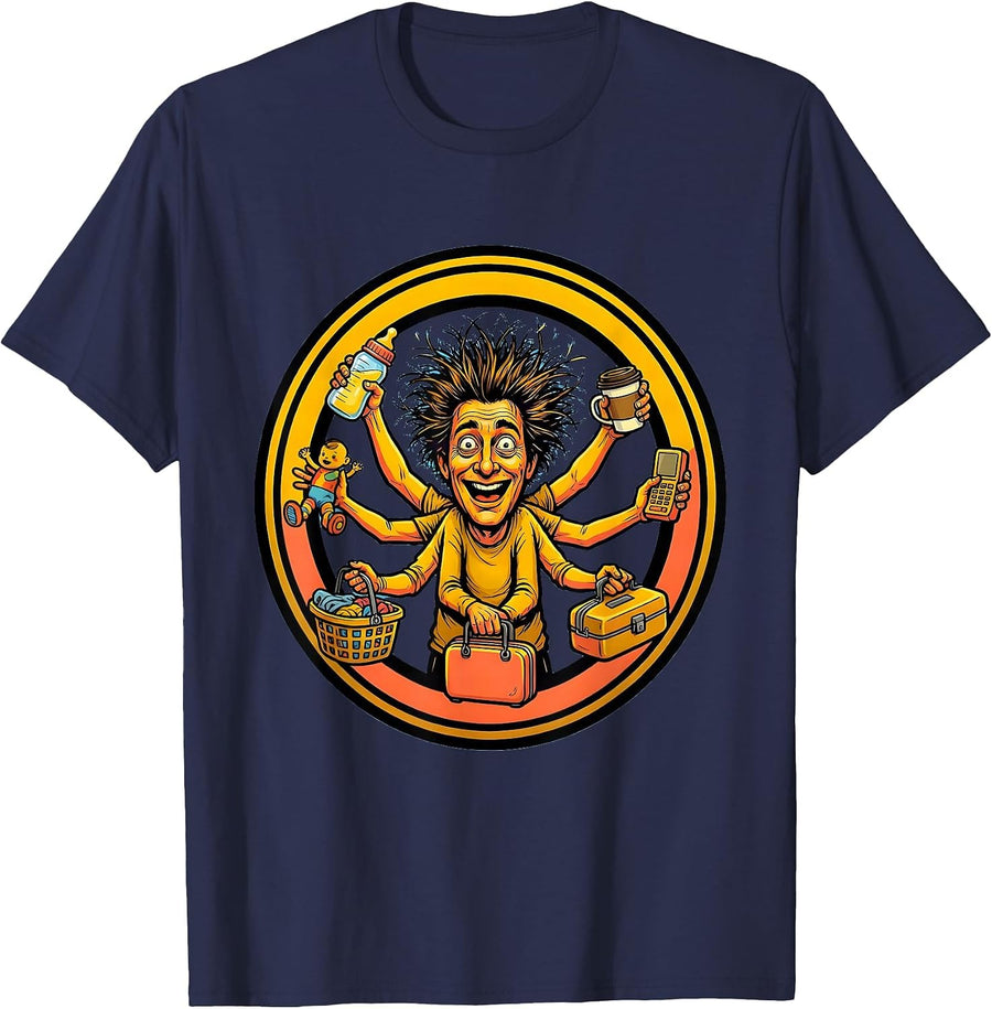 Chaos Coordinator Overwhelmed Parent Six Arms T-Shirt - Navy Blue