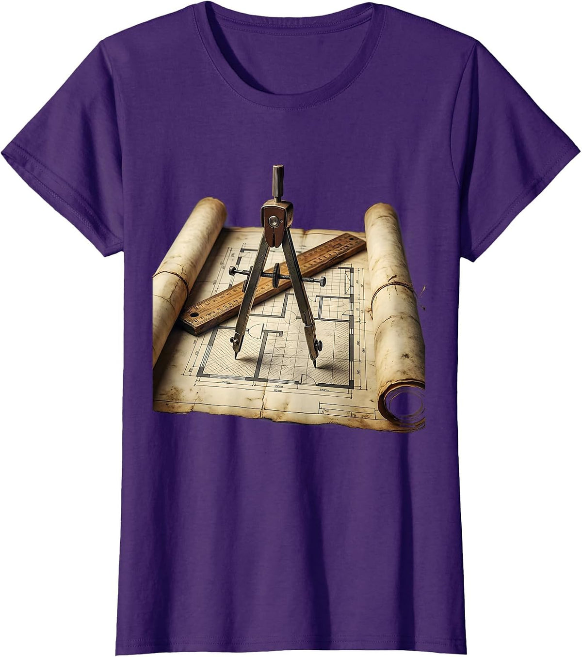 Women's Blueprint Illustration Ruler and Compass Graphic T-Shirt - Purple
