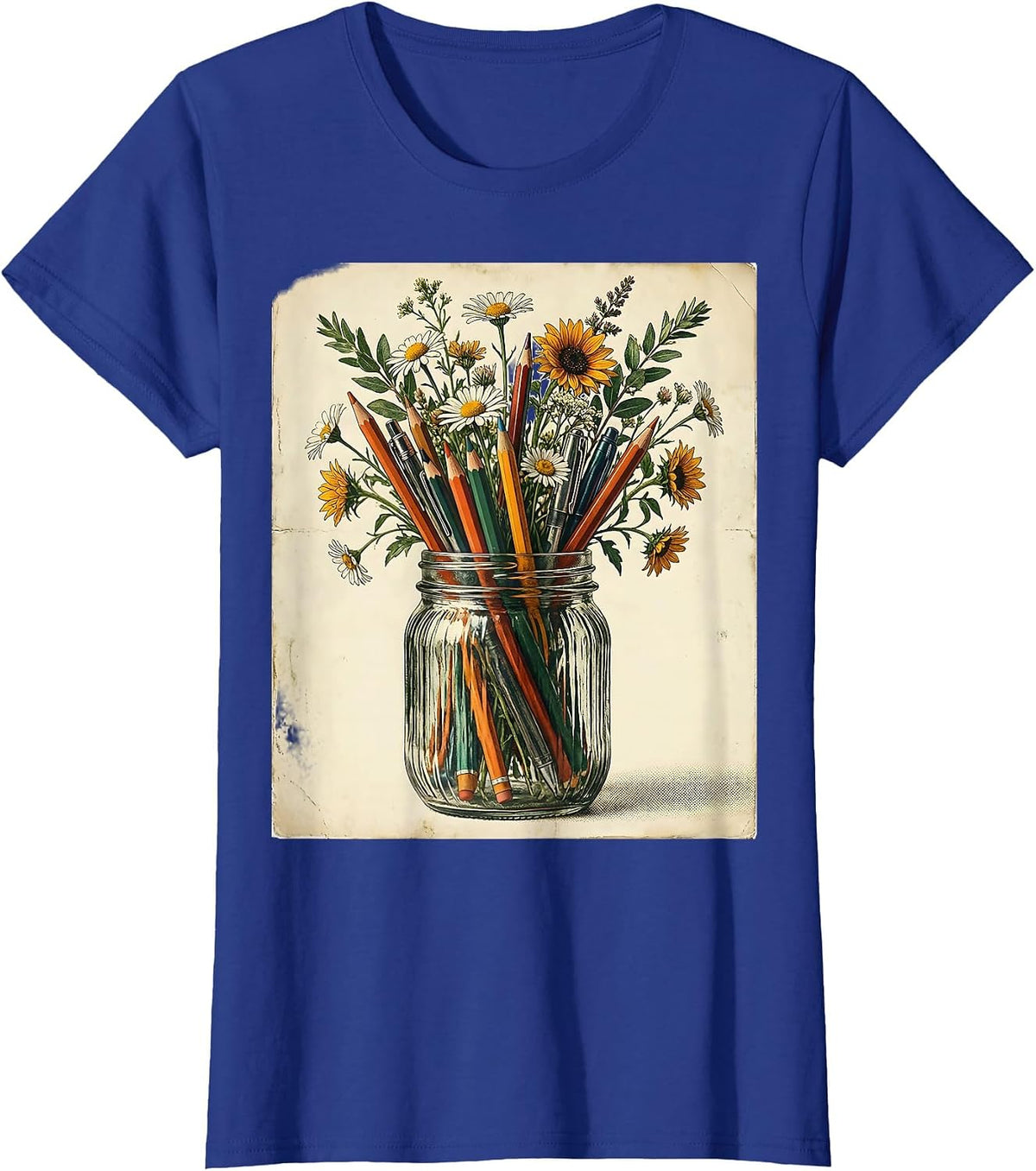 Women's Elementary Teacher Mason Jar Pens Flowers Graphic T-Shirt - Royal Blue