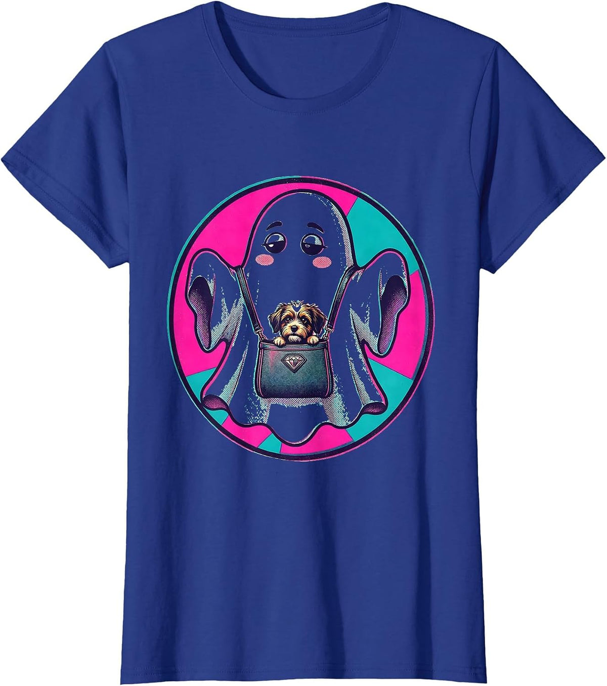 Women's Boo-Jee Ghost Floating With Designer Dog Carrier T-Shirt - Royal Blue