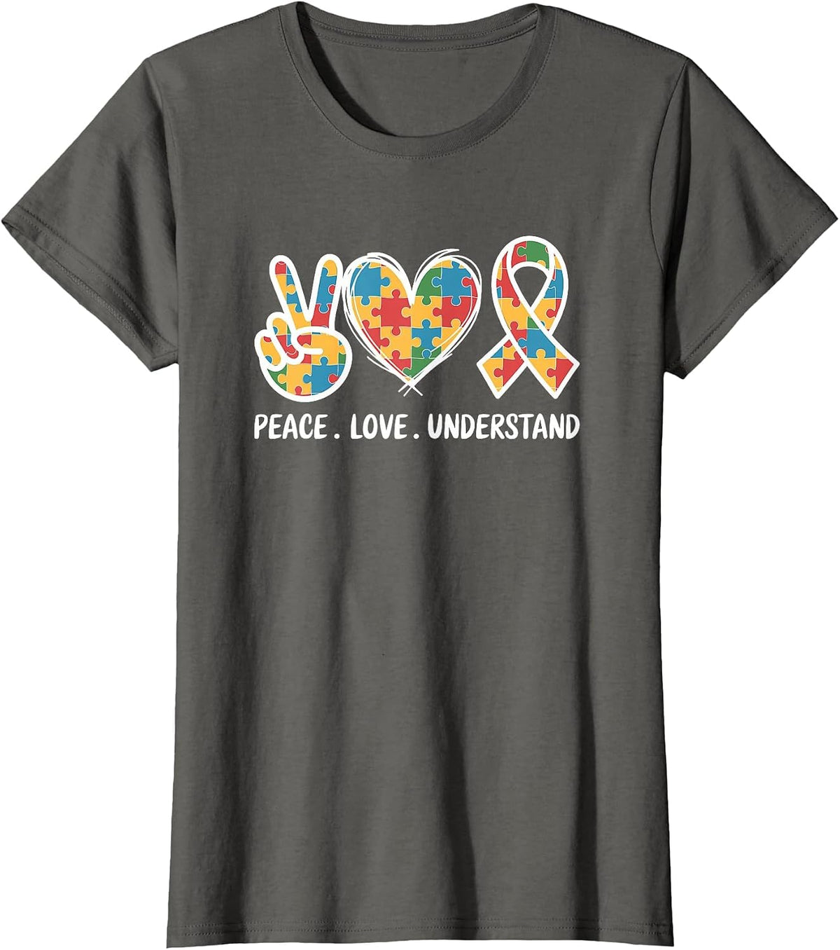 Autism Awareness Peace Love Understand Puzzle Ribbon T-Shirt - Asphalt Grey
