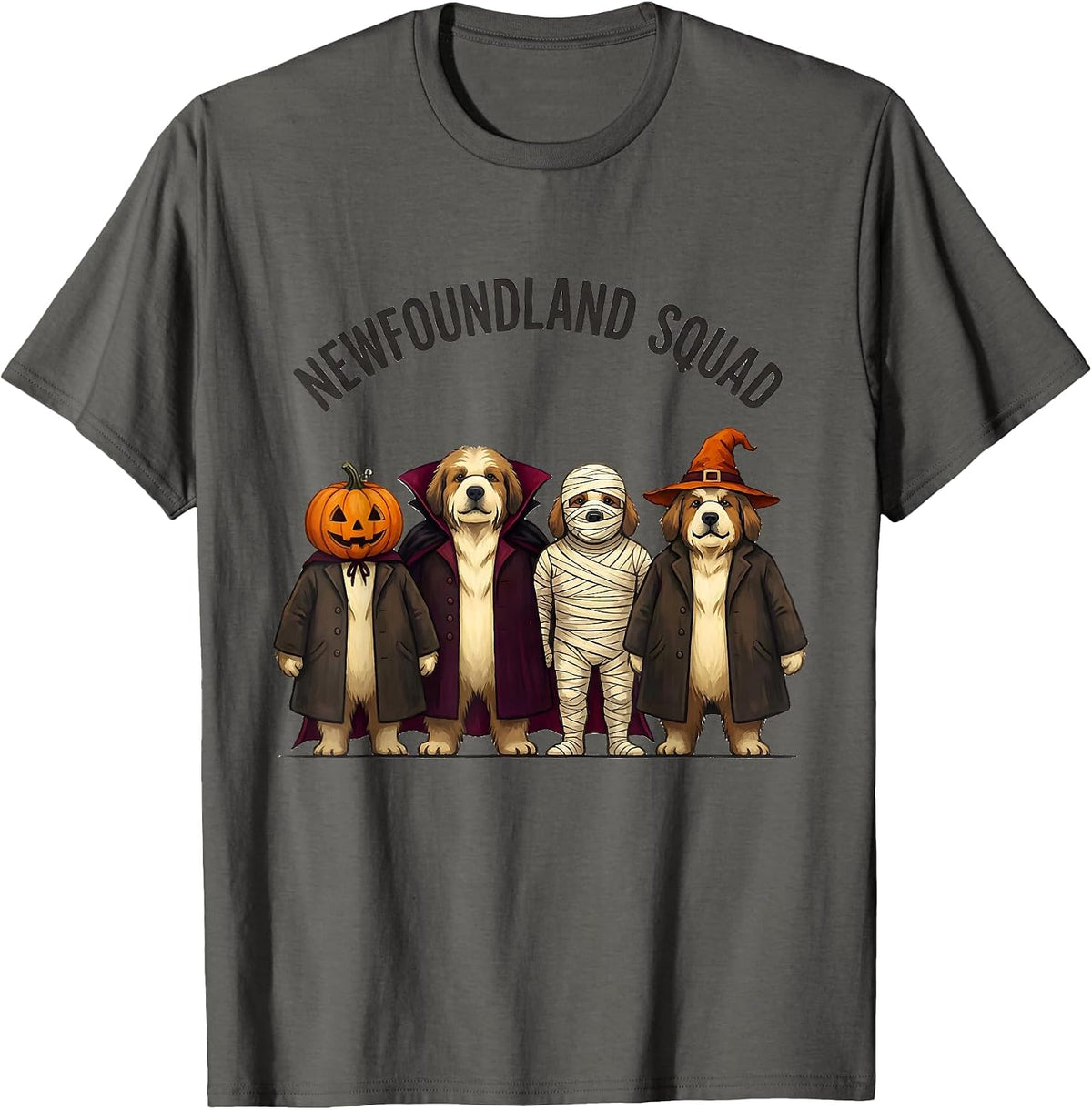 Newfoundland Squad Storybook Halloween Dog Breed Squad T-Shirt - Asphalt Grey
