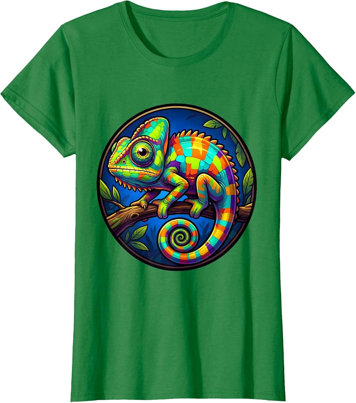 Women's Vivid Chameleon on Branch Animal Kingdom Art T-Shirt - Kelly Green