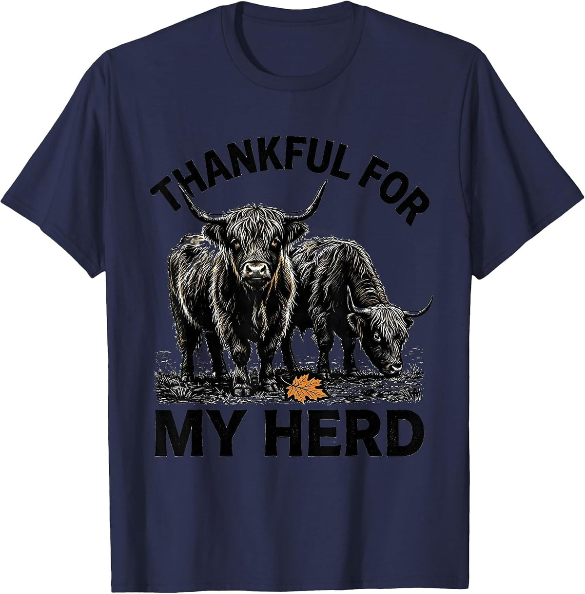 Men's Thankful For My Herd Funny Highland Cow Farm Animal T-Shirt - Navy Blue