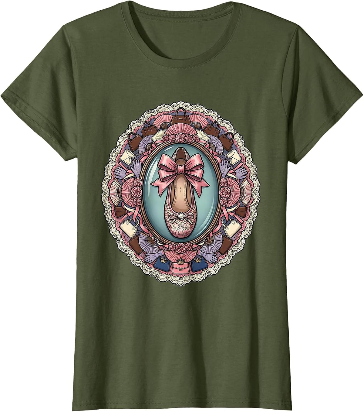 Women's Ballet Flat Shoes Fashion Sketch Illustration T-Shirt - Olive Green