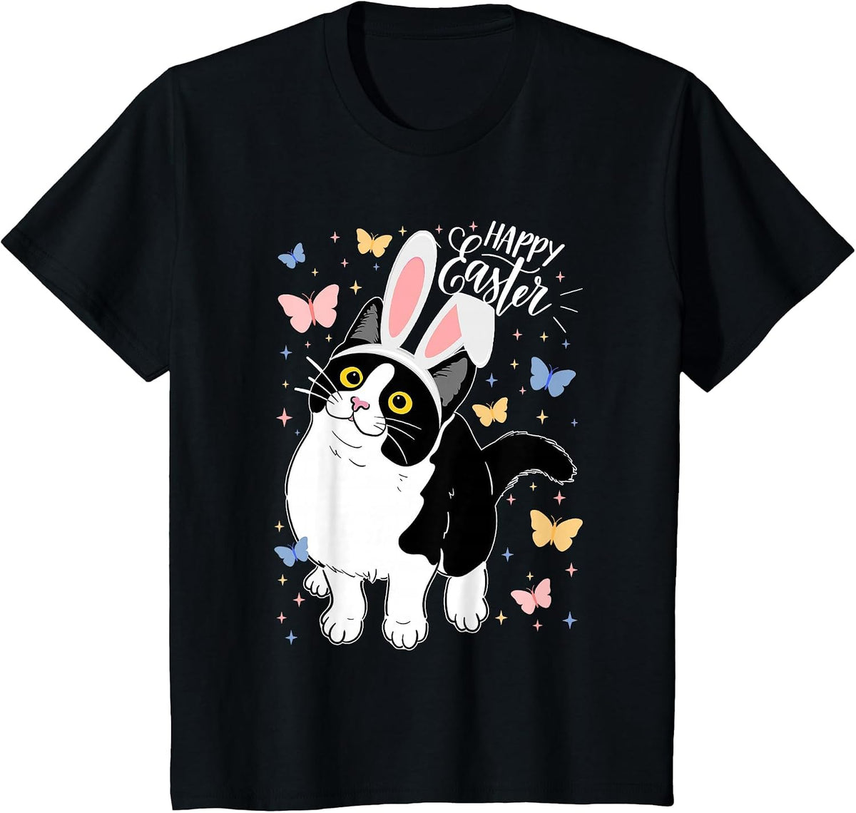 Funny Black Cat Easter Egg Happy Easter Bunny Tuxedo Cat T-Shirt - Black